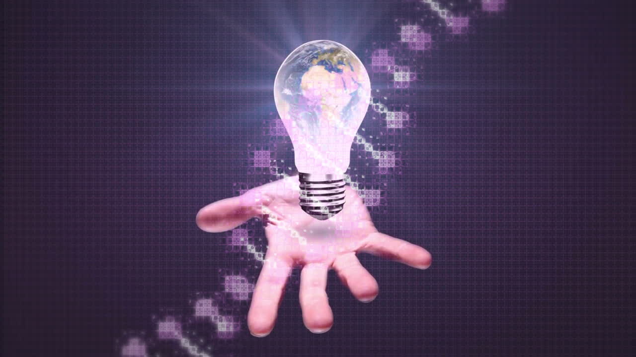 Holding glowing light bulb with world map, symbolizing global ideas and animation