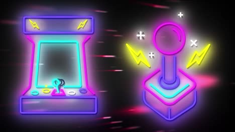 animation of retro glowing neon video game console and video game joystick flickering over red light