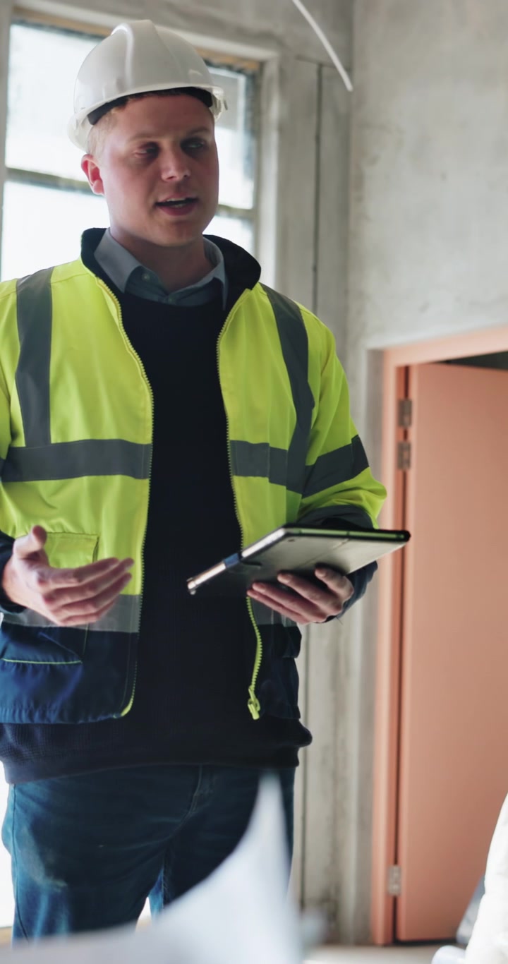 Direttore di Cantiere che Discute i Piani del Progetto su Tablet in un Cantiere Edile