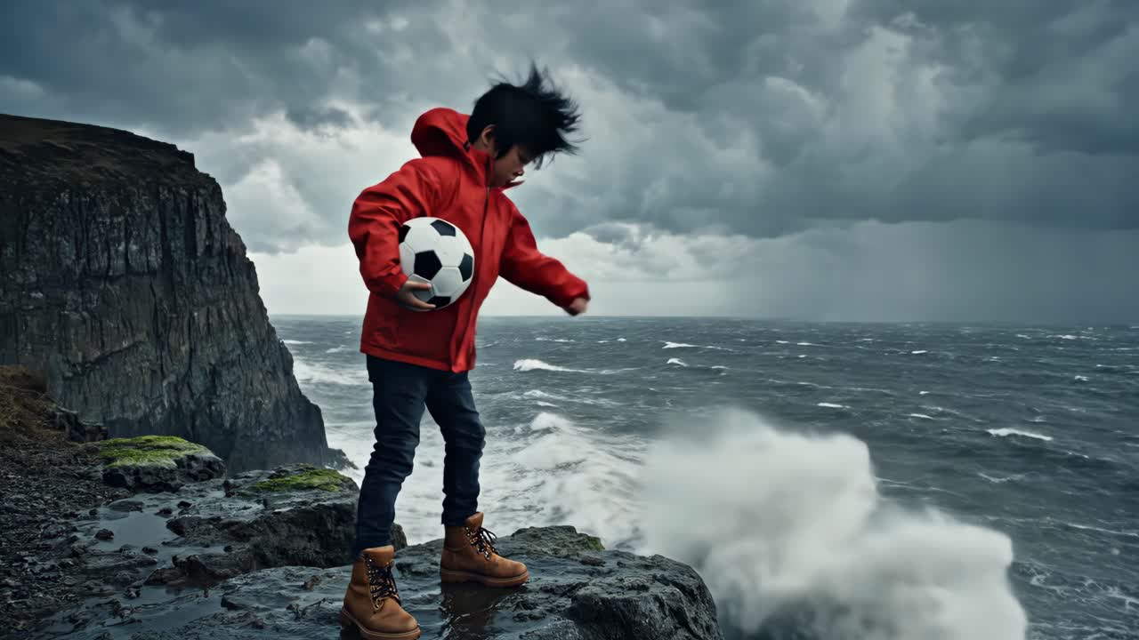Ragazzo con pallone da calcio a bordo di una scogliera