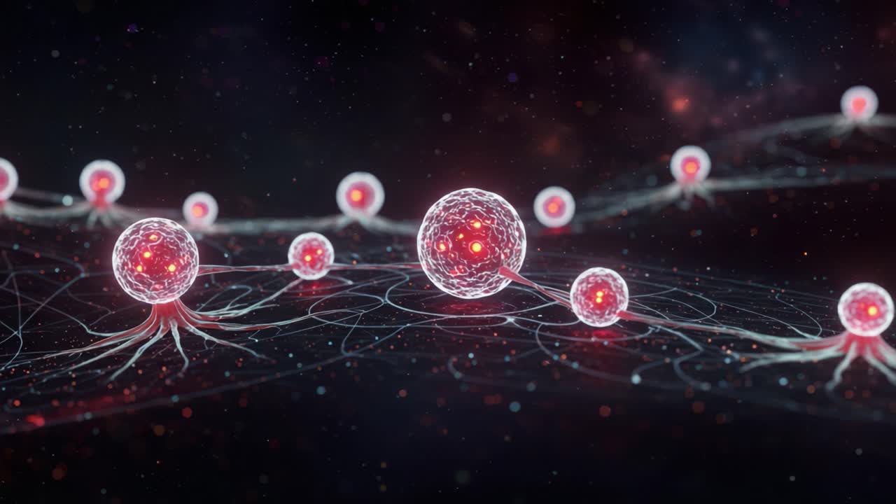 Abstract Representation of Particles with Radiating Energy Connections in a Dark Cosmic Background, Illustrating Microcosmic Interactions and Energy Flow Dynamics