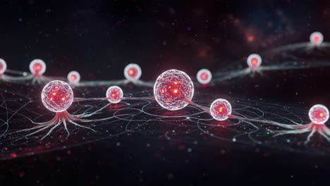 abstract representation of particles with radiating energy connections in a dark cosmic background, illustrating microcosmic interactions and energy flow dynamics
