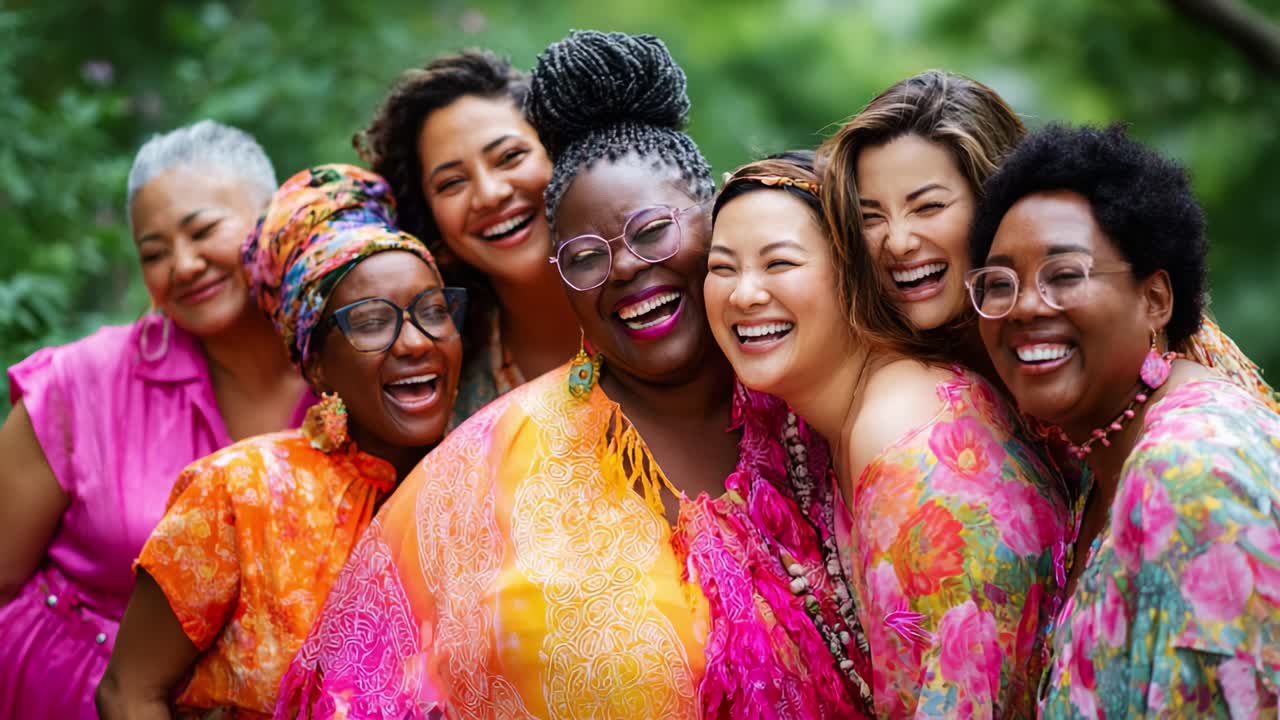 A Vibrant Celebration of Sisterhood: A Joyful Gathering of Diverse Women Embracing Friendship and Positivity, Radiating Laughter and Love in Colorful Attire Against a Lush Green Backdrop