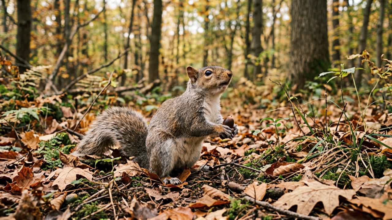 Scoiattolo in piedi tra foglie autunnali cadute che tiene una noce, con uno sfondo di foresta colorata.