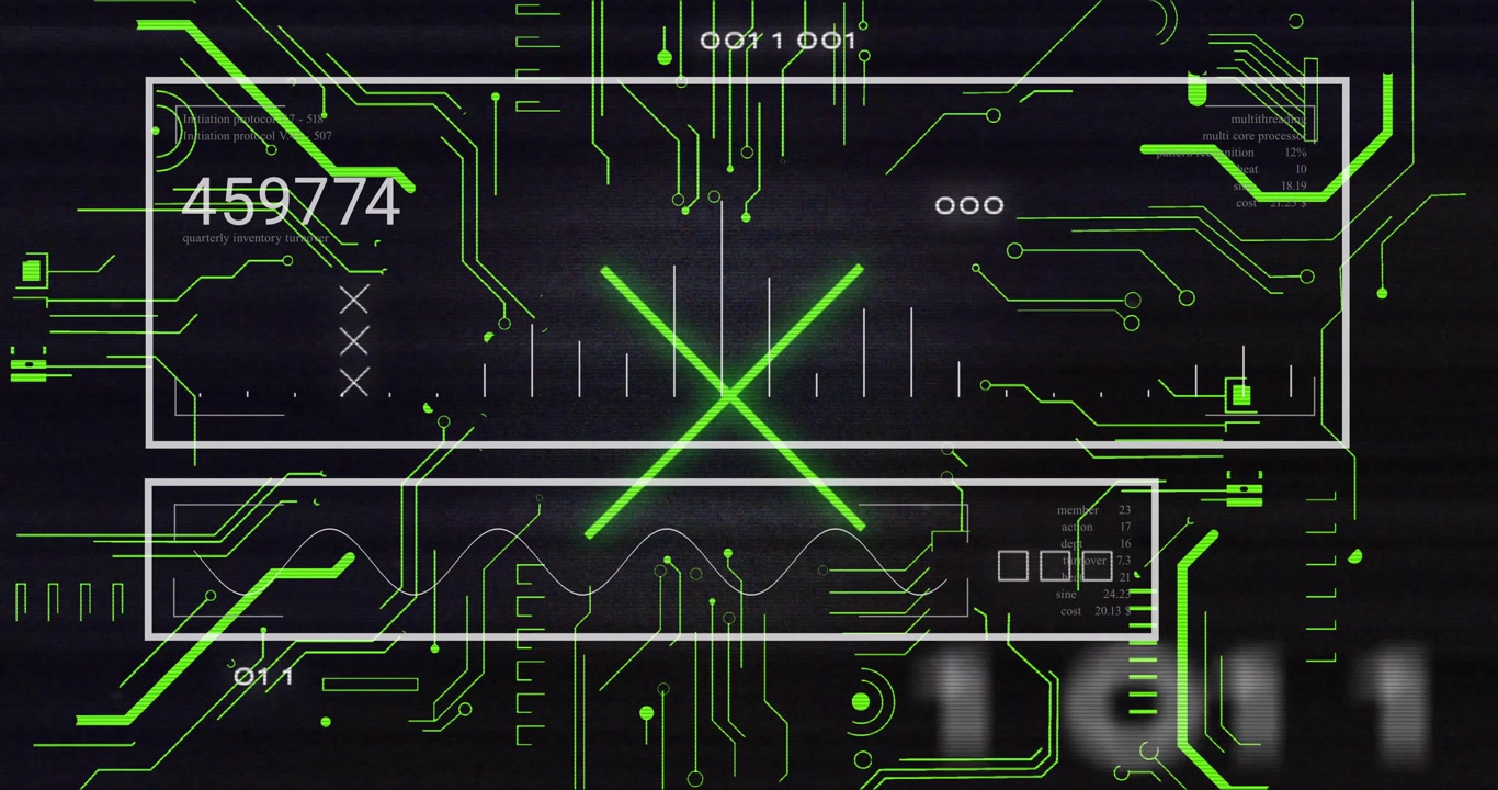 When green traces drifting in, white HUD panels cycling numeric, bar, wave visuals showing status