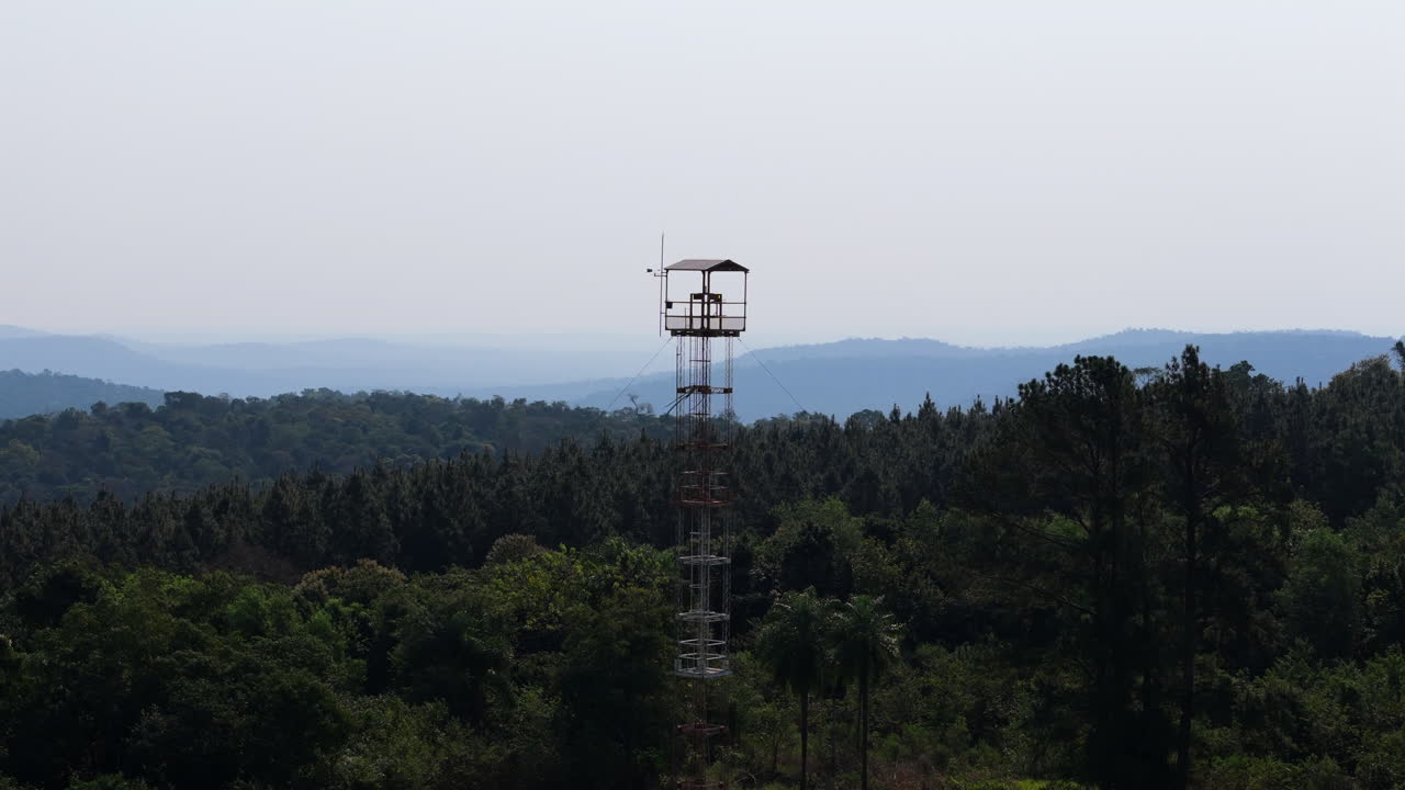Metal fire tower rising above the lush green forest in Misiones, Argentina, offering a breathtaking panoramic view of the vibrant forest and surrounding wilderness. drone orbiting shot