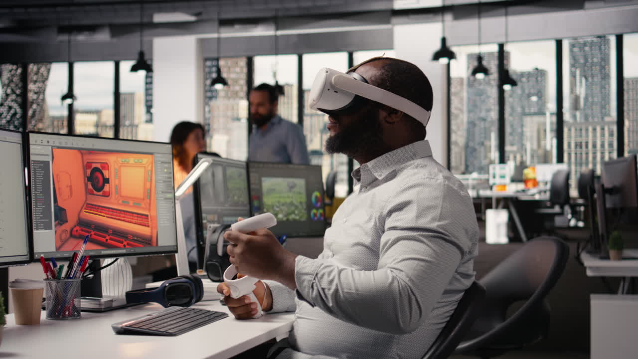 VR glasses cyberspace, game developer, video game in space, dual monitors