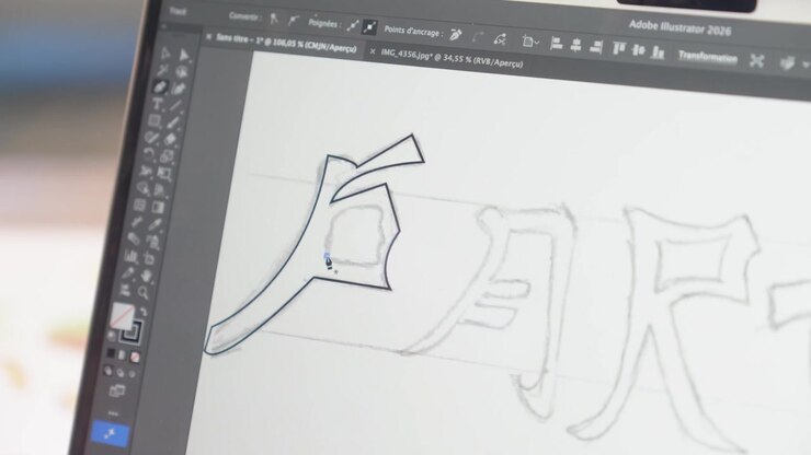 Close-up de uma caneta digital a desenhar arte tipográfica em estilo graffiti no ecrã de uma mesa digitalizadora