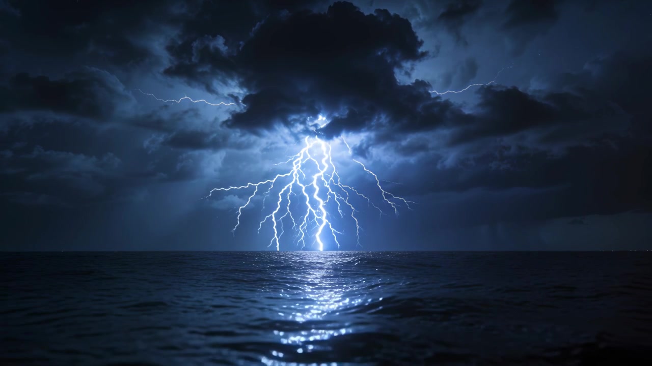 Un fulmine verticale si sprigiona, una nuvola temporalesca invia canali ramificati sul mare, tempesta in crescita.
