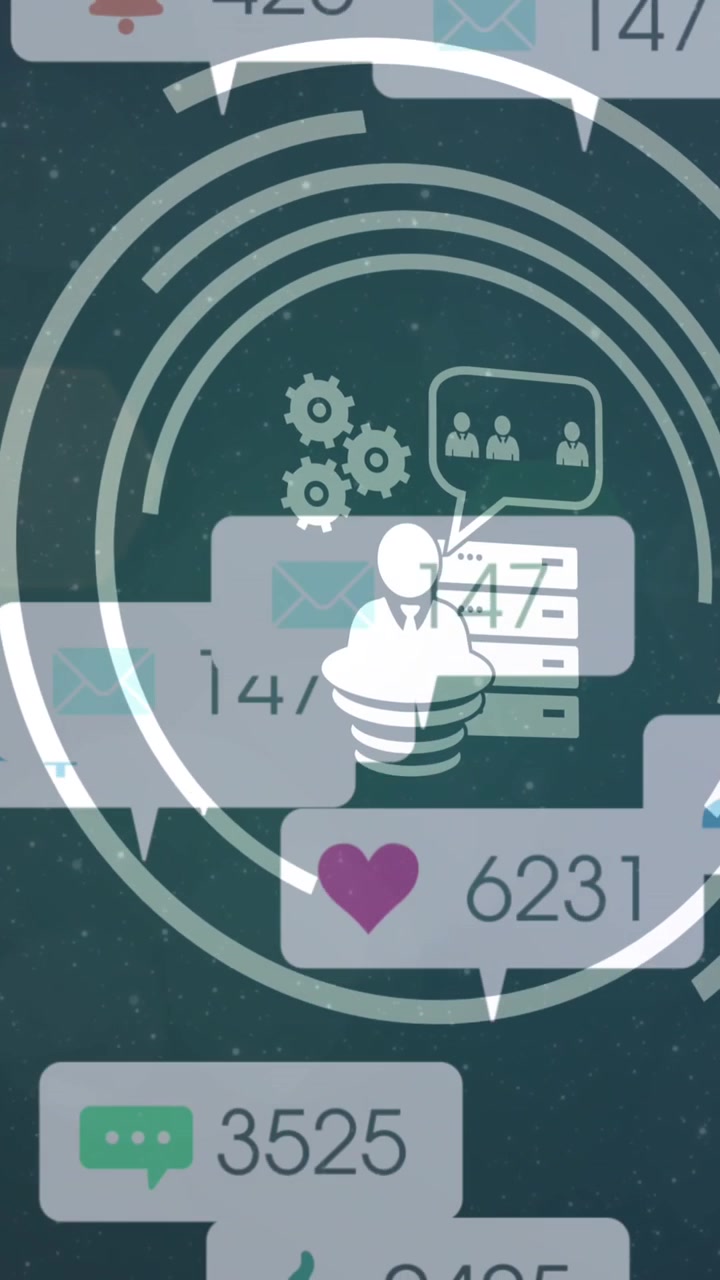 Animation of social media icons on banners over scopes scanning and data processing