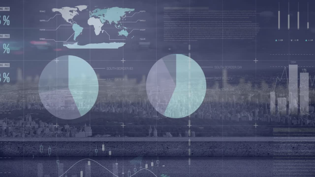 Animation of financial data processing over cityscape