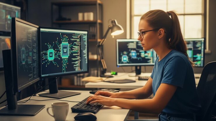 Focused Software Developer Analyzing Code on Multiple Monitors in a Modern Workspace, Illuminated by Soft Natural Light and Equipped with Advanced Technology