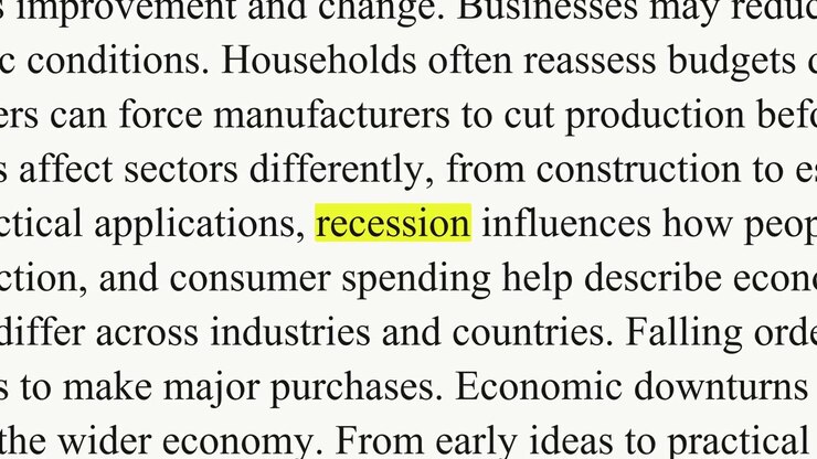 The word recession comes into focus against changing black serif paragraphs about unemployment, production and spending, with a yellow highlight on a white background.