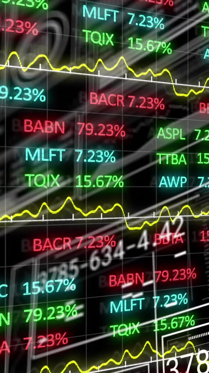 Animazione dell'elaborazione di dati finanziari su sfondo scuro