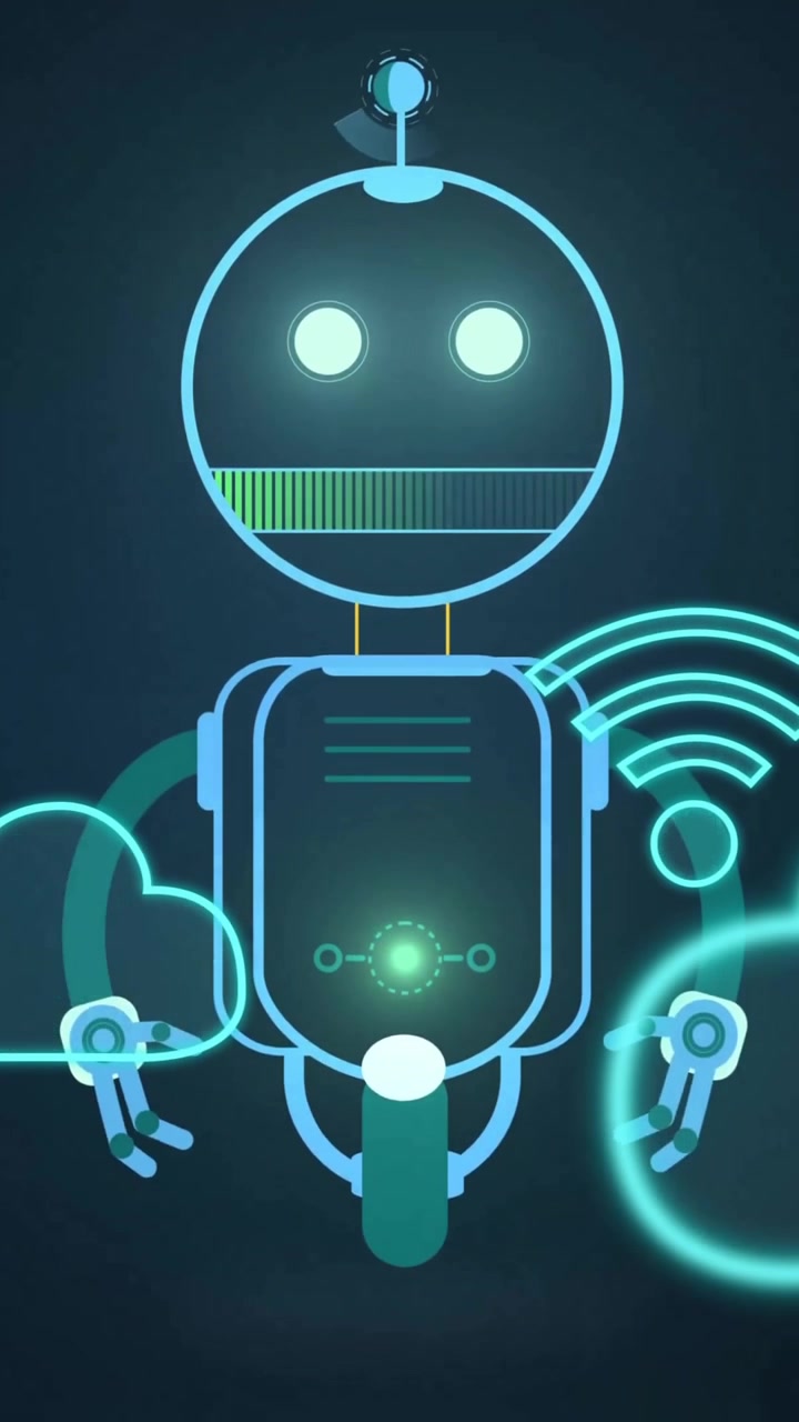Robot med glødende øjne og skyikoner, futuristisk teknologi-animation