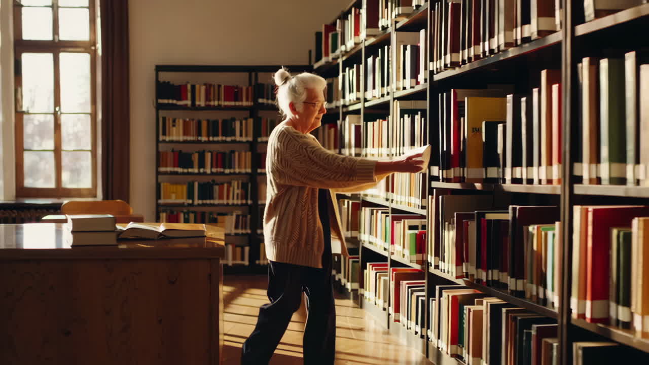 mujer mayor en una biblioteca