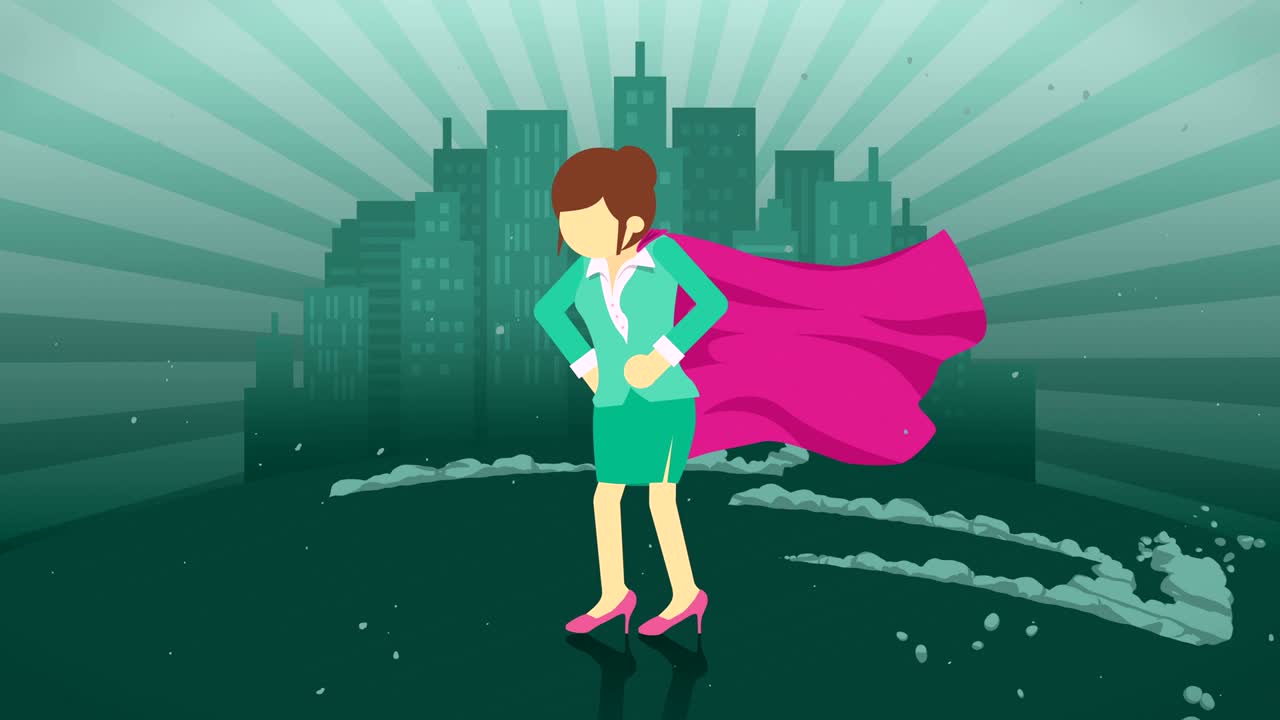 도시 배경에 서있는 슈퍼 히어로, 먼지 구름 근처, 비즈니스 여성 상징, 리더십 및 성취 개념, 만화 루프 애니메이션.