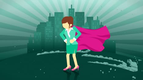 superhéroe de pie en el fondo de la ciudad. cerca de una nube de polvo. símbolo de mujer de negocios. concepto de liderazgo y logro. animación de bucle cómico.