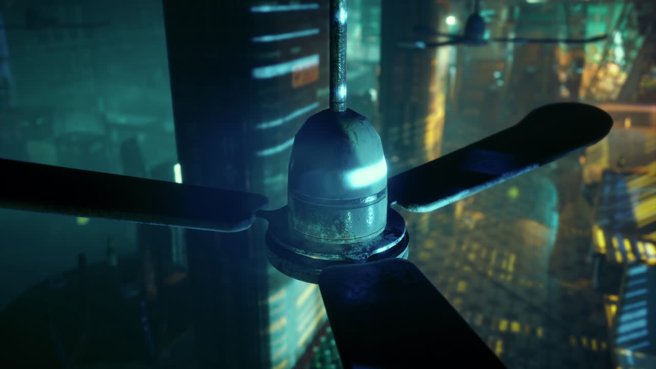 Futuristic Underground Cityscape with Rusty Ceiling Fan