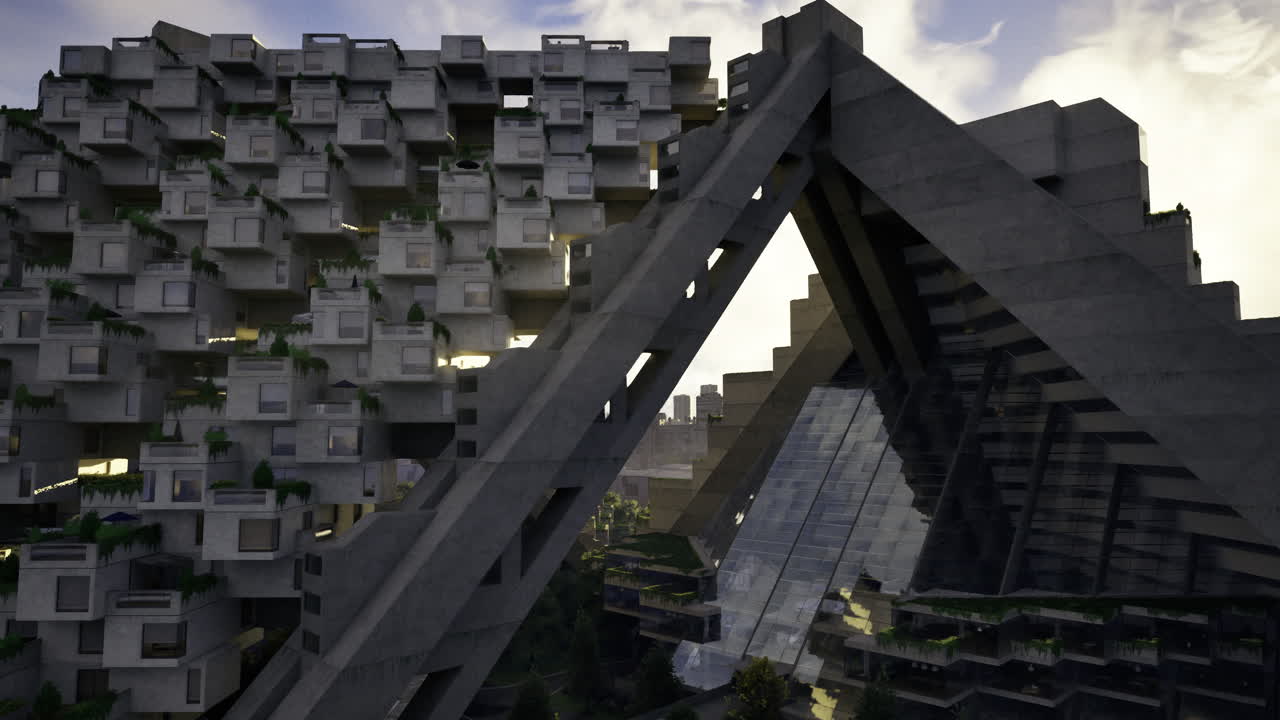 Innovative urban architecture featuring geometric design and greenery