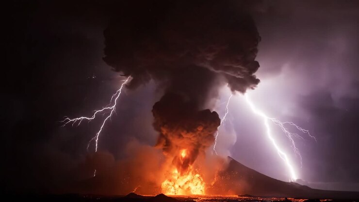 Eruzione vulcanica con tempesta di fulmini