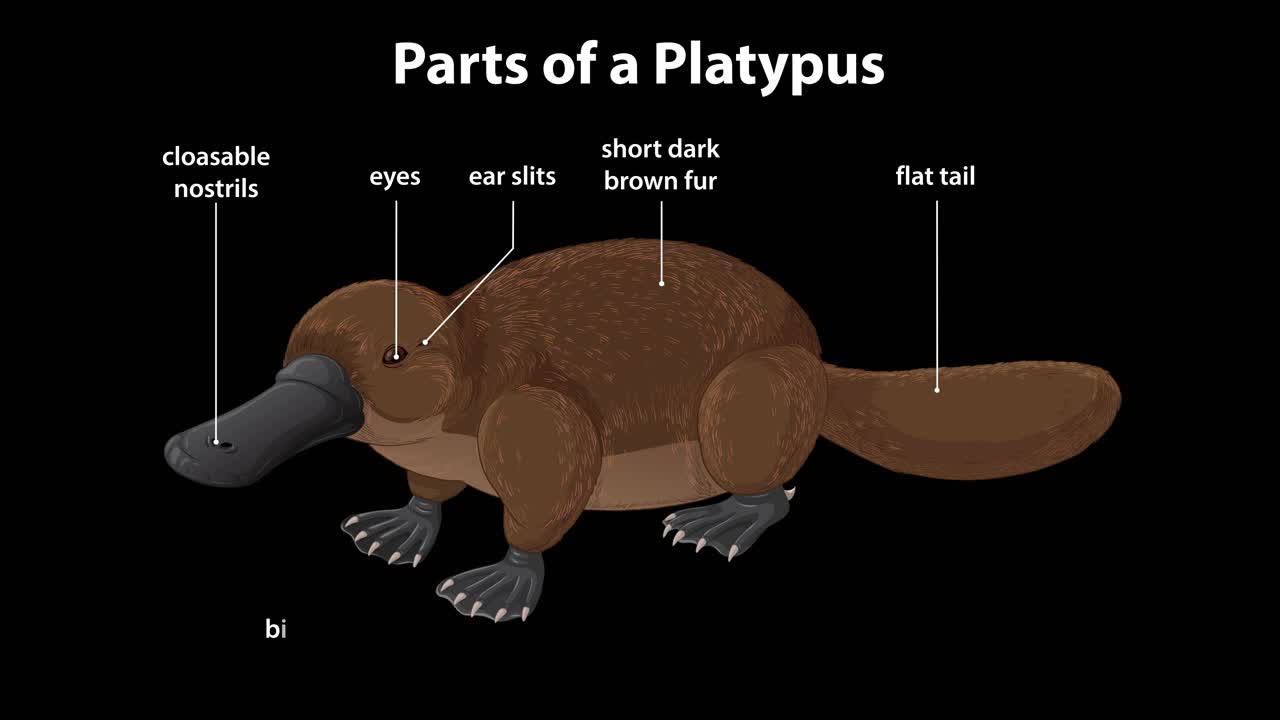 Animated platypus illustration sequentially labels anatomical features with clear text on black background