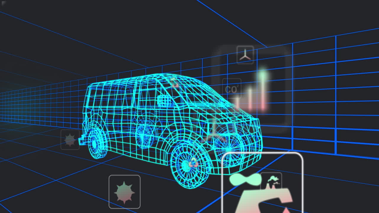 터널에서 원활한 패턴으로 움직이는 3d 밴 모델 위의 여러 디지털 아이콘의 애니메이션