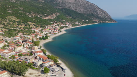 poros town on kefalonia island, ionian sea, aerial establishing shot, panoramic view