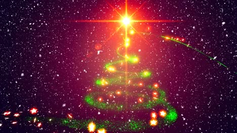 Animation-Von-Schnee,-Der-über-Den-Weihnachtsbaum-Fällt,-Und-Leuchtenden-Lichtern