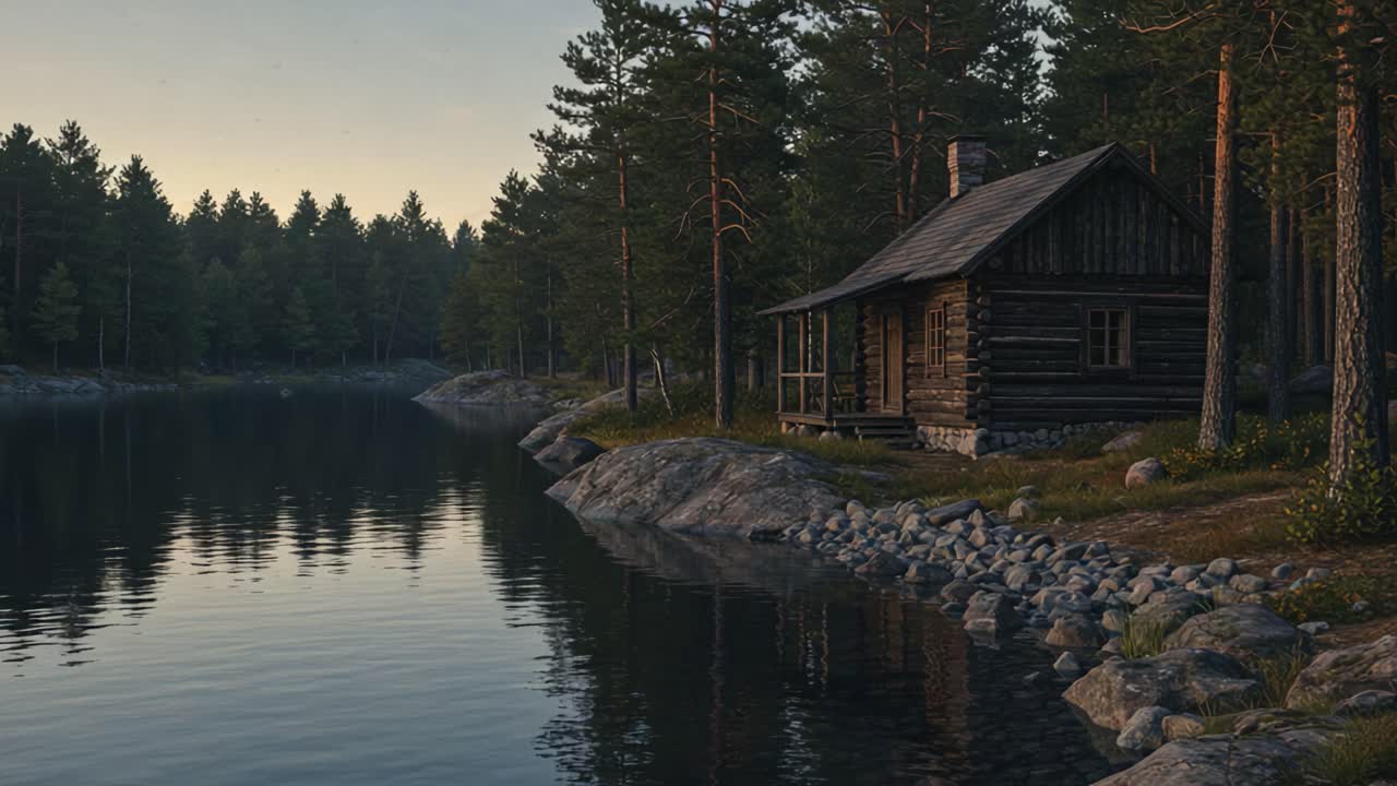 A Tranquil Lakeside Retreat: An inviting wooden cabin nestled among lush trees, reflecting on calm waters at dawn, capturing the serenity of nature's beauty
