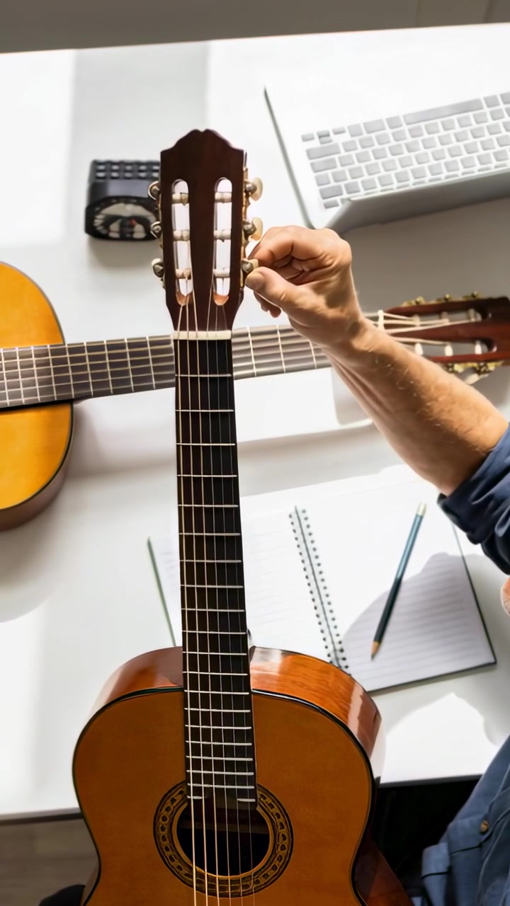 Video vertical: Mano con manga azul girando las clavijas de una guitarra clásica en un escritorio, afinándola con un afinador.