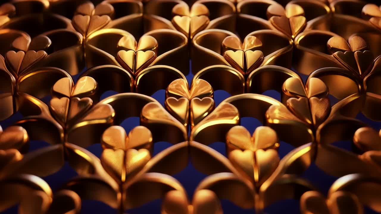 Telecamera che si muove in avanti su un motivo dorato lucido in studio, rivelando decorazioni a forma di cuore con vuoto blu