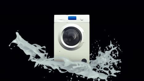 abstract white washing machine with frozen splash of foam water isolated on black background. animation. rotating clothes washer, home appliances concept