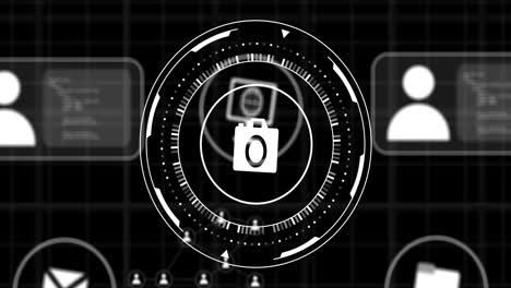 animación del alcance con iconos y procesamiento de datos sobre fondo negro