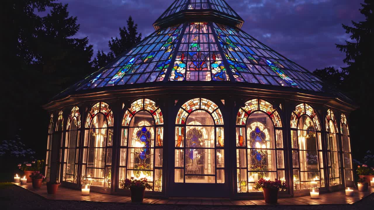 빅토리아 양식의 온실은 내부에서 따뜻한 빛으로 빛나고, 그 스테인드 글래스 지붕은 황혼하늘을 반사하고, 박이는 불과 울창한 초록색으로 둘러싸여 있습니다.