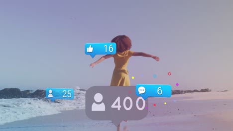 Animation-of-social-media-icons-and-numbers-on-banners-over-biracial-woman-running-on-beach