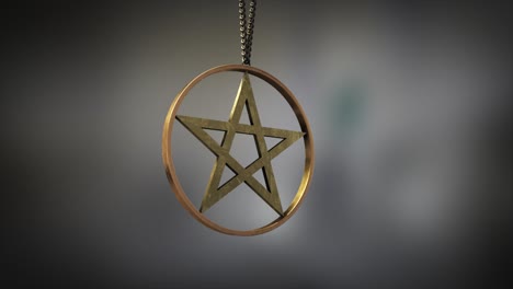 high quality close up render of a shiny gold circular pentacle amulet, swinging slowly on the end of a neck chain, with super shallow depth of field abd bokeh background