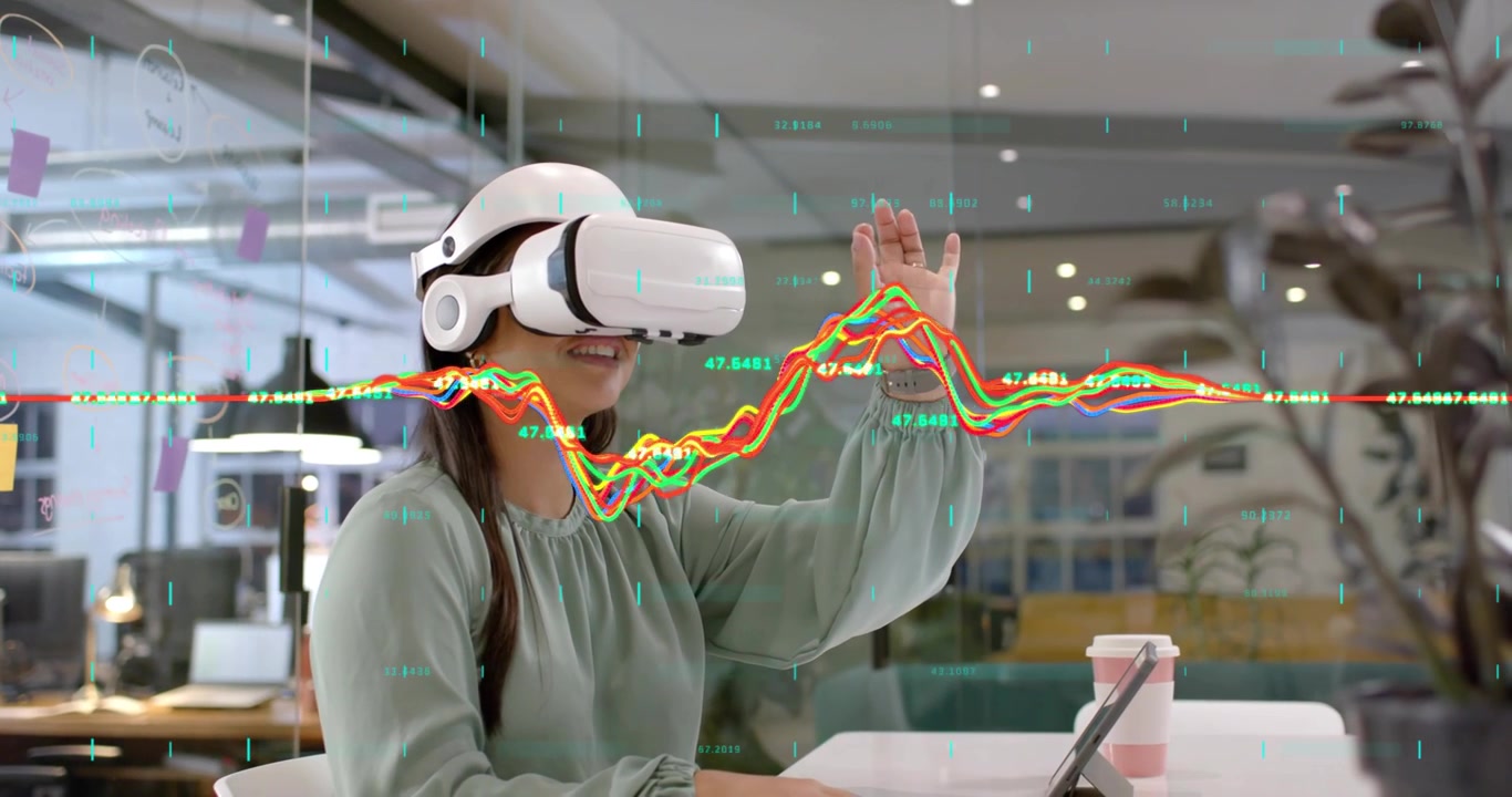 Woman wearing VR headset tapping waveform in office lounge, manipulating tech data with gestures