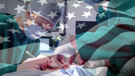 Animation-of-flag-of-usa-waving-over-surgeons-in-operating-theatre