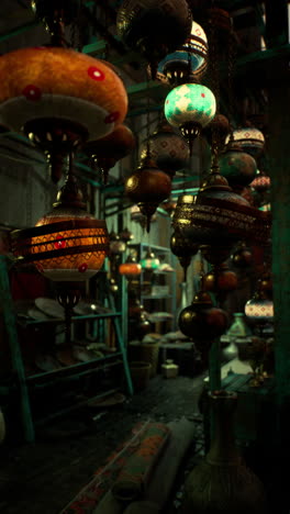 a close up of a street market selling traditional arabic lamps