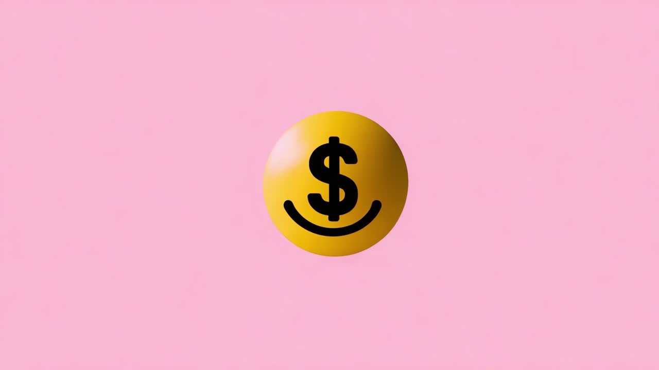 Una rappresentazione vivace e giocosa di ricchezza e prosperità, che mette in mostra una emoji del simbolo del dollaro su uno sfondo rosa tenue, catturando l'essenza del successo finanziario e della gioia
