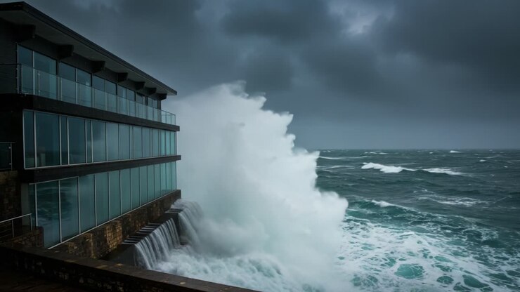 Des vagues océaniques déchaînées s'écrasant contre un bâtiment côtier sous des cieux orageux dramatiques, capturant la puissance de la nature et la résilience de l'architecture humaine en bord de mer