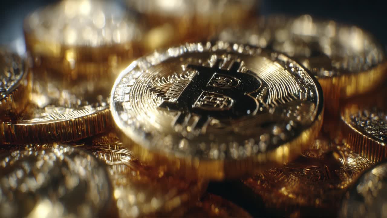 A Close-Up View of Shiny Golden Bitcoin Coins Piled Together, Showcasing Their Intricate Details and Symbolism of Digital Currency in Today's Economy