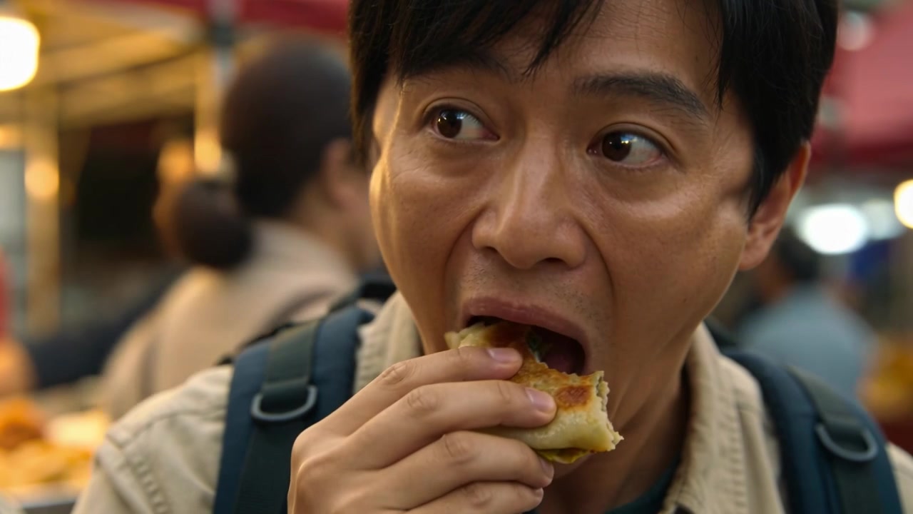 Taking bite, Asian man with backpack chewing, glancing, easing hunger at busy food stall, with bun
