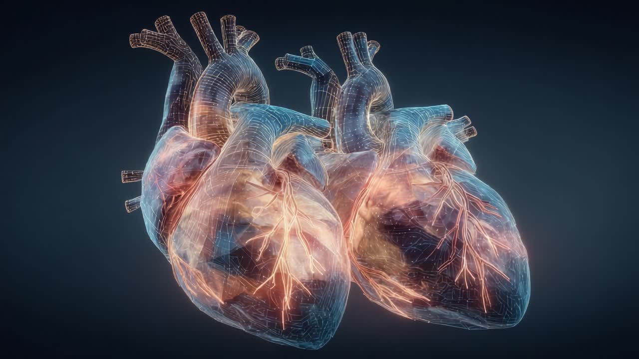 An intricate digital visualization of two interconnected human hearts, showcasing their complex structures, vascular systems, and the luminous energy that flows through them