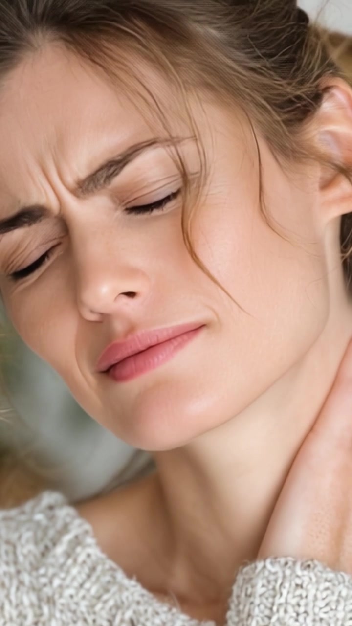 Un primo piano di una donna che esprime disagio, con dettagli sottili che evidenziano il suo stato emotivo e la tensione fisica nella zona del collo durante un momento intenso