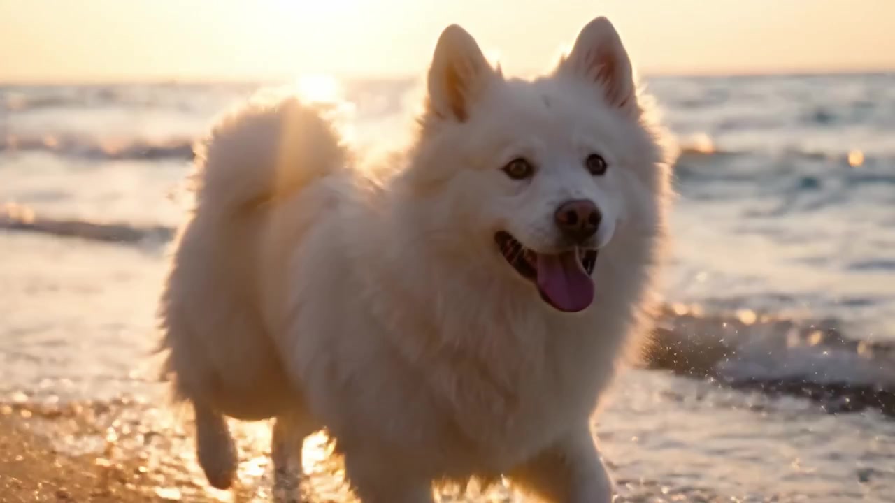 En glad samojedhund leker og nyter en solnedgangstur langs stranden, løper gjennom bølger og sand, og omfavner den varme gløden fra skumringshimmelen