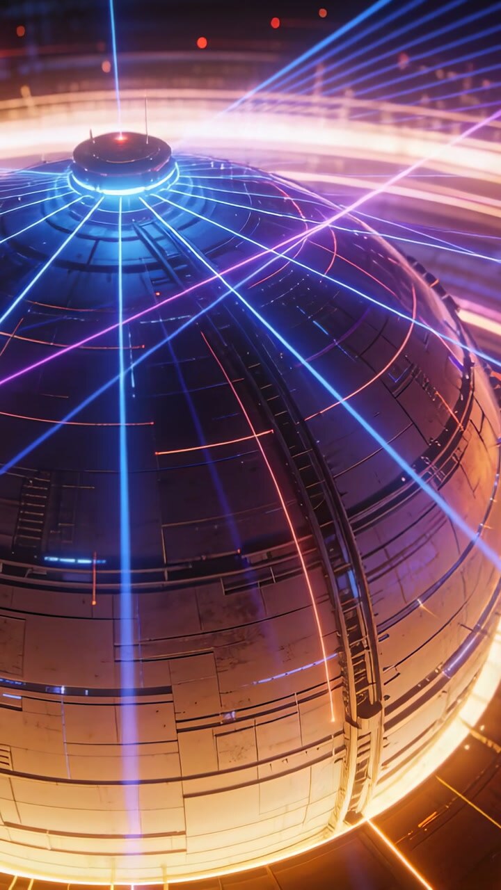 Vertical video: Tech dome energizing in space, hub emitting beam and charging ring for activation