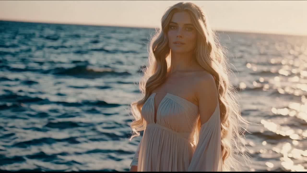 En smuk video viser en kvinde i en flagrende kjole ved havet ved solnedgang