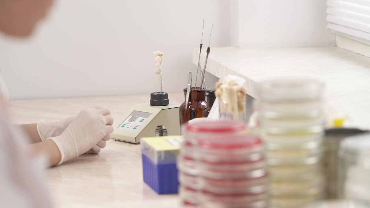 실험실에서 미생물학 테스트를 수행하는 실험실 과학자, 소용돌이 혼합기를 사용하여 실험실에서 일하는 전문 기술자, 선택적 초점